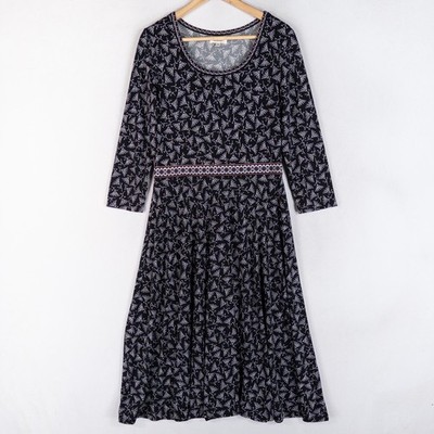 Max Studio Womens Midi Dress Large Black Floral A Line Jersey 3/4 Sleeve Stretch