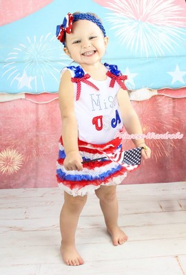 4 TH July Blue Pettitop Sparkle Glitter Star Red White Blue Ruffle Pants 1-8Year