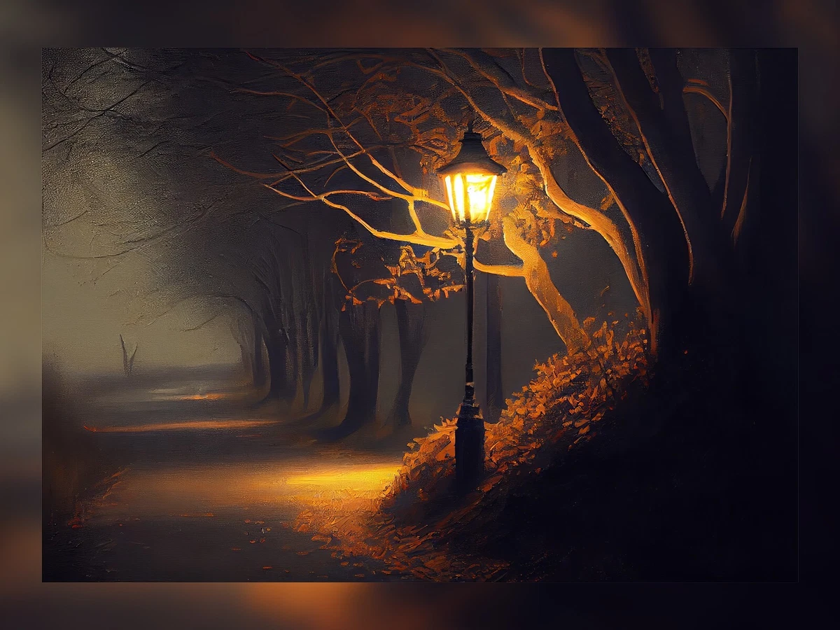 Dark night time road illuminate by street lamps, print of oil