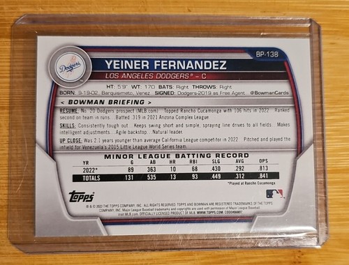 2023 Bowman Yeiner Fernandez 1st Blue Pattern /125 Prospect Rookie Card BP-138 - Bild 2 von 2