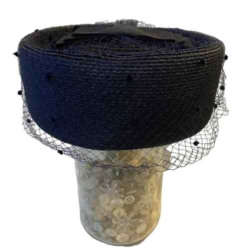 Union Made USA Pillbox Hat Veil Bow Navy Blue Hea… - image 1