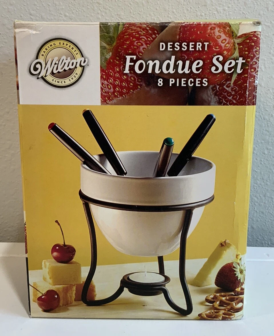 Vtg 2003 Wilton Dessert Fondue 8pcs Set 4 Forks Bowl Stand Candles Holder NOS