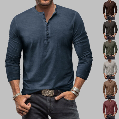 Mens Long Sleeve Long Sleeve Casual T-Shirt Tops Slim Fit Buttons Blouse Tee US