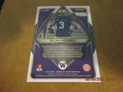 ELIJAH MOLDEN 2021 CHRONICLES SPECTRA DRAFT PICKS ROOKIE CARD #295 - Picture 2 of 3