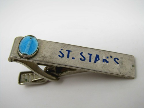 Vintage St. Stan's Krawattenklammer Bar blau Emaille Jungfrau Maria Wundertätige Medaille Metall - Bild 2 von 5
