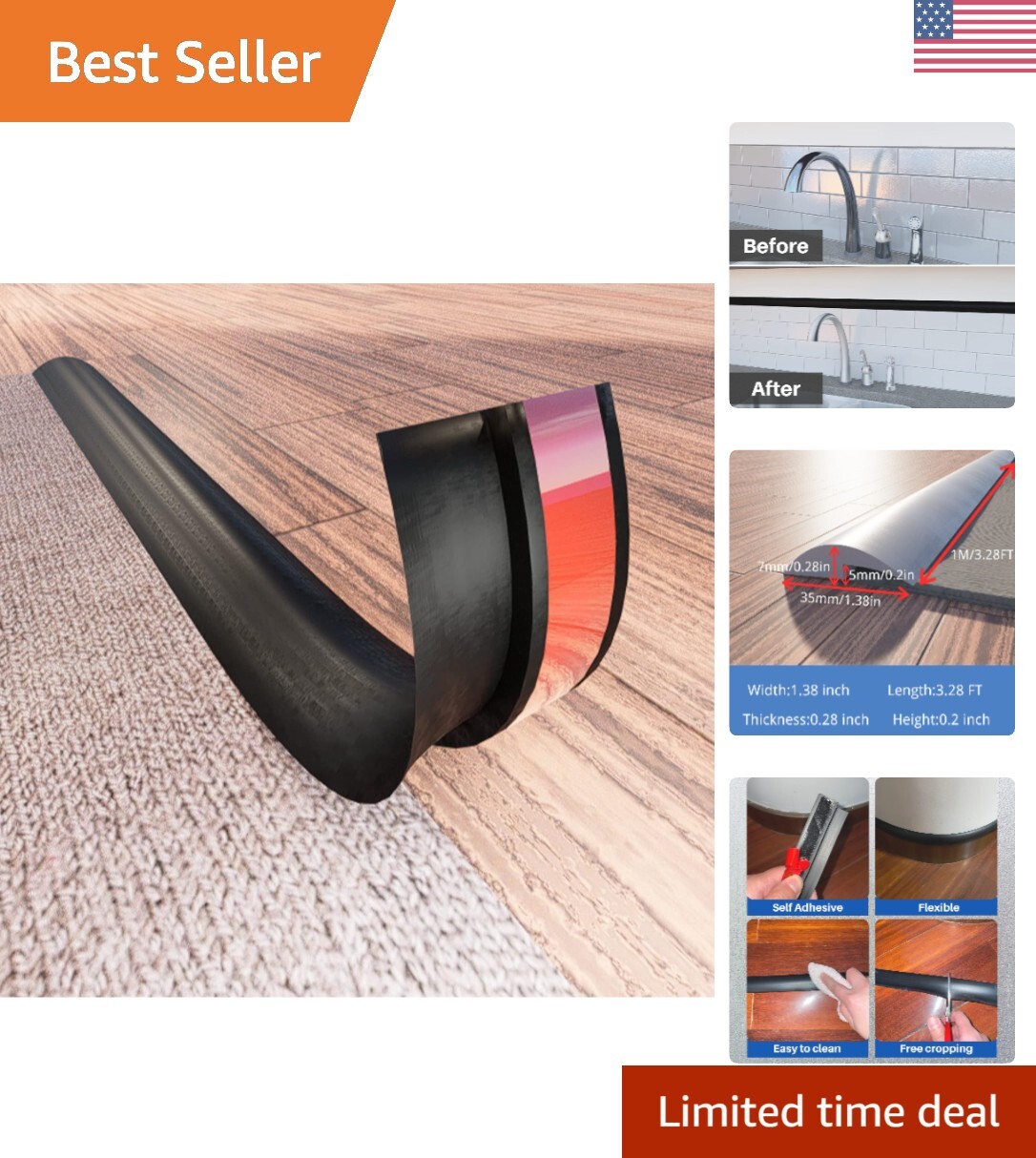 3.28FT Black Floor Transition Strip Durable Flexible Smooth Threshold Cover  