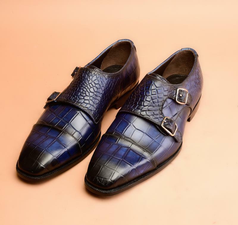 Handmade Men Blue Alligator Texture Leather Double Monk Shoes