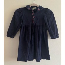 Laura Ashley Mother  Child Blue Corduroy Embroidered Floral Cotton Dress 3-4