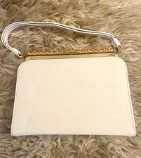 1950's Faux White Python Box Handbag with Gold Enamel Clasp  Black Satin Coin