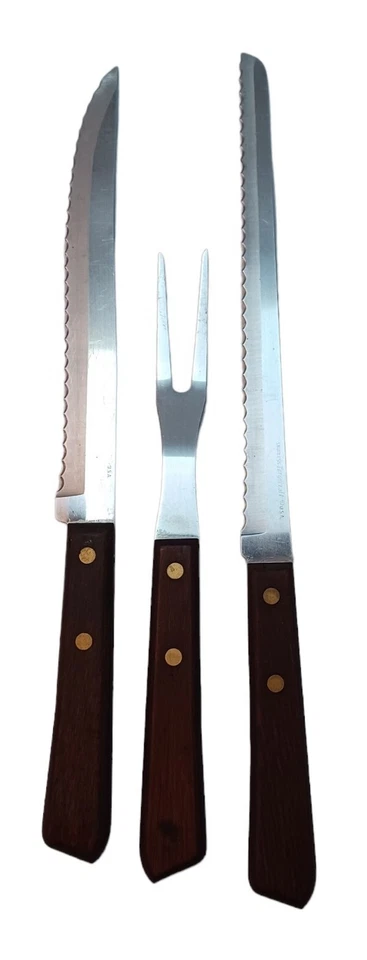 Juego de cuchillos y tenedores de talla de mango de madera vintage Washington Forge Forgecraft de 3 piezas Foto 3 de 4
