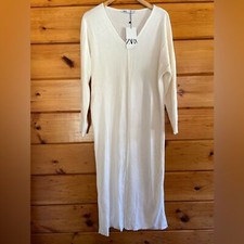 Zara Front Rolled Seam Knit Dress Midi Ecru Long Sleeve V neck Womens S