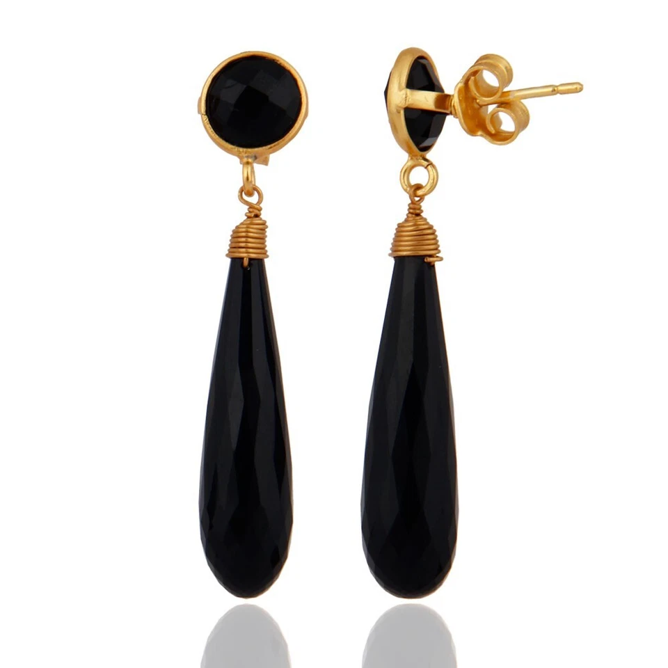 Wire Wrapped Gemstone Black Onyx Long Drop Earring Women Gold Minimalist Jewelry - Image 2 of 3