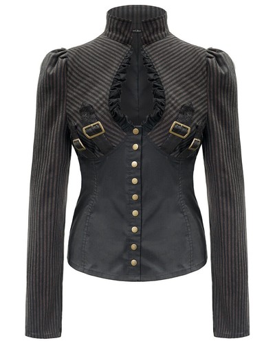 Devil Fashion Womens Steampunk Blouse Top Black Brown Stripe Victorian Gothic - Picture 14 of 24