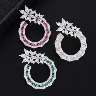 38MM Luxury Flower Cluster Simulated Sapphires, Emerald & Pink Ruby Fine Earring - Image 1 of 4