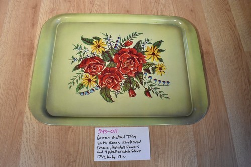 Vintage 6 Metal Trays Green With Red Roses(543-011) - Picture 8 of 13