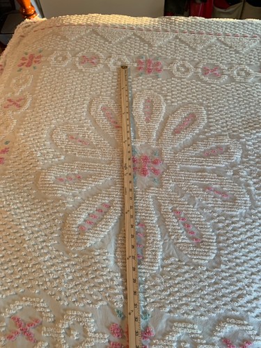 Copriletto Vintage Ciniglia 92x116 3" Frange Bianco Rosa e Verde Disegni Floreali - Foto 9 di 11