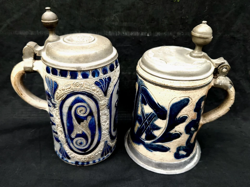 Cerveza alemana antigua del siglo XVIII Westerwald piedras tapas de peltre un esmalte de sal Foto 2 de 4