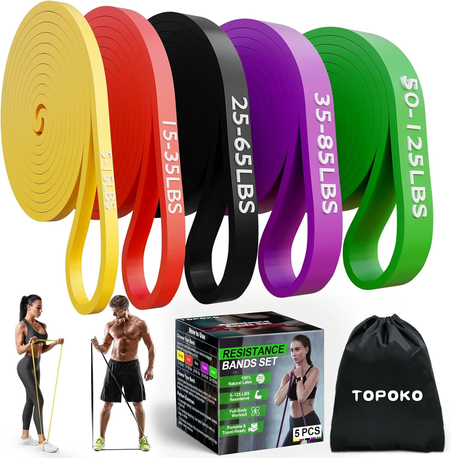 TOPOKO Resistance Bands Set of 5 – Pull up Assistance Bands for Men & Women, Hea