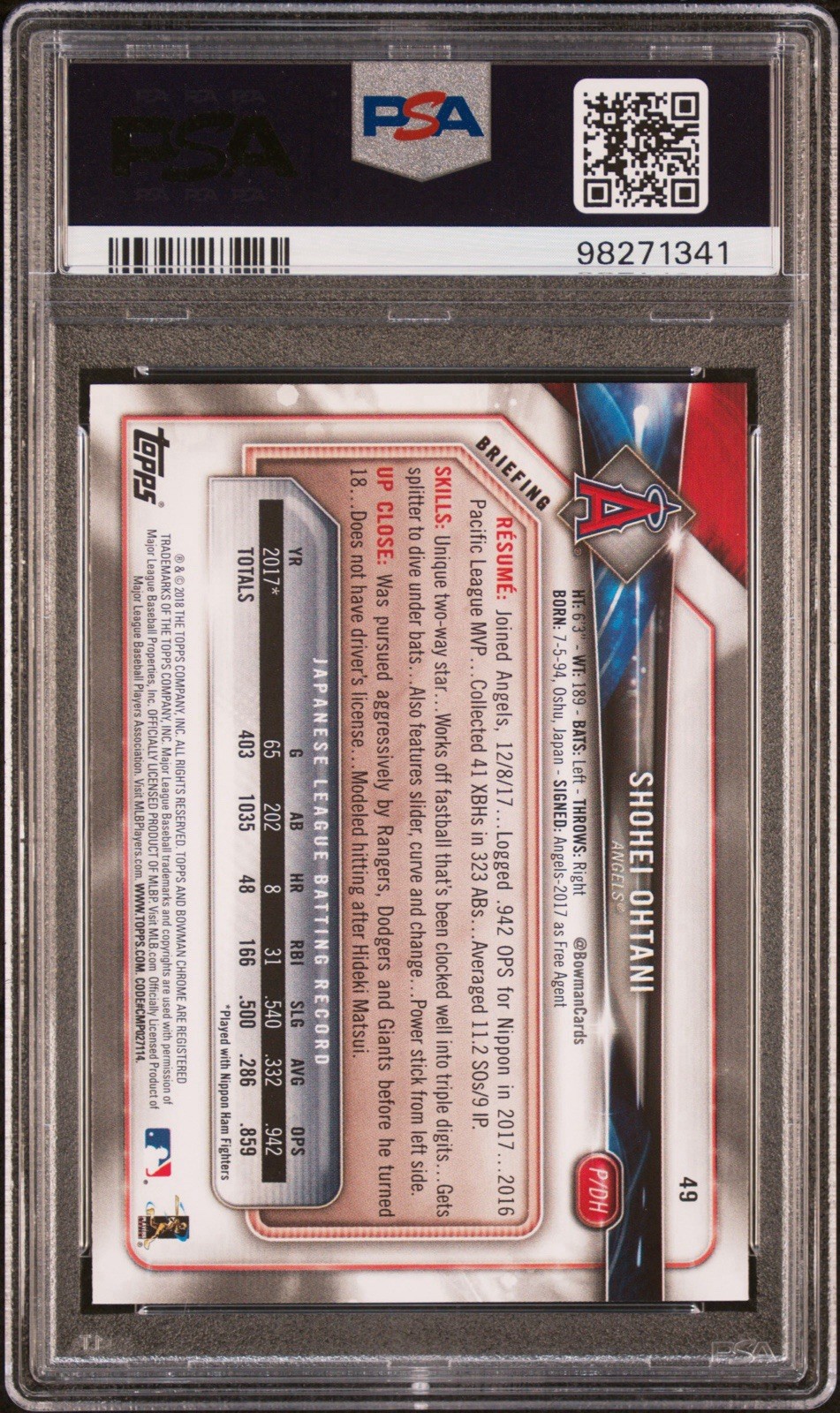 2018 Bowman Shohei Ohtani #49 PSA 10 Auto 10 Gem Mint view 2