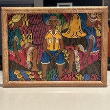  Vintage 1940s Haitian Hand Painted Canvas Art Signed by D. Cereza.  Framed. 