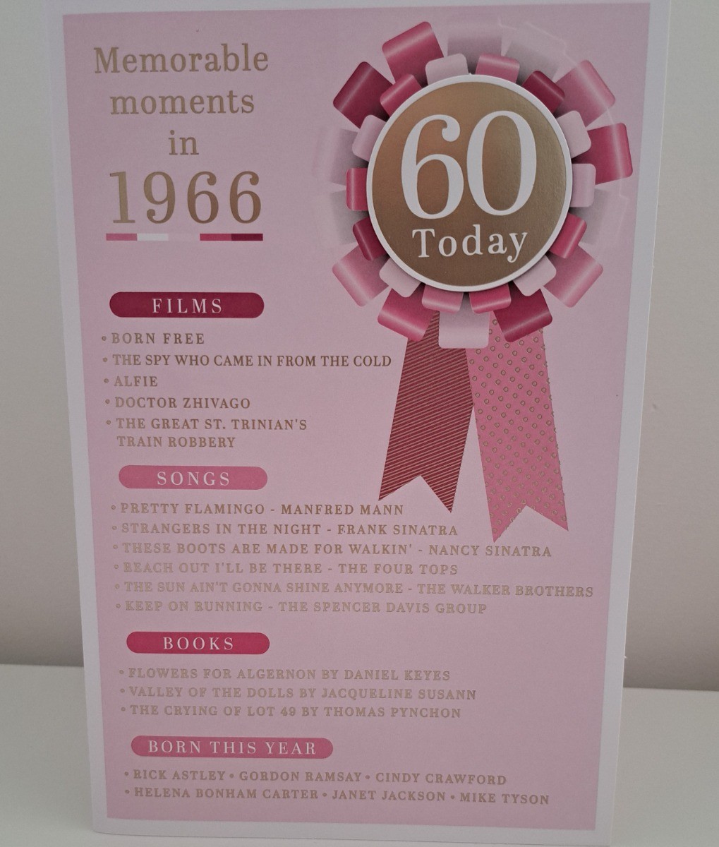 Female Age 60 Birthday Card. Born in 1966 with Memorable Moments. 23x15cm