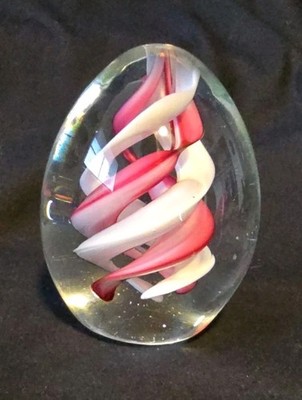 Art Glass Pink And White Spiral Abstract Egg Shaped Paperweight