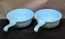 TST Taylor Smith Taylor Oven Serve Ware Blue Handled Floral Bowls U.S.A.Set of 2