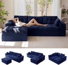 Modular Sectional Sofa with Ottoman Dark Gray Corduroy Tufted Modern Low Profile
