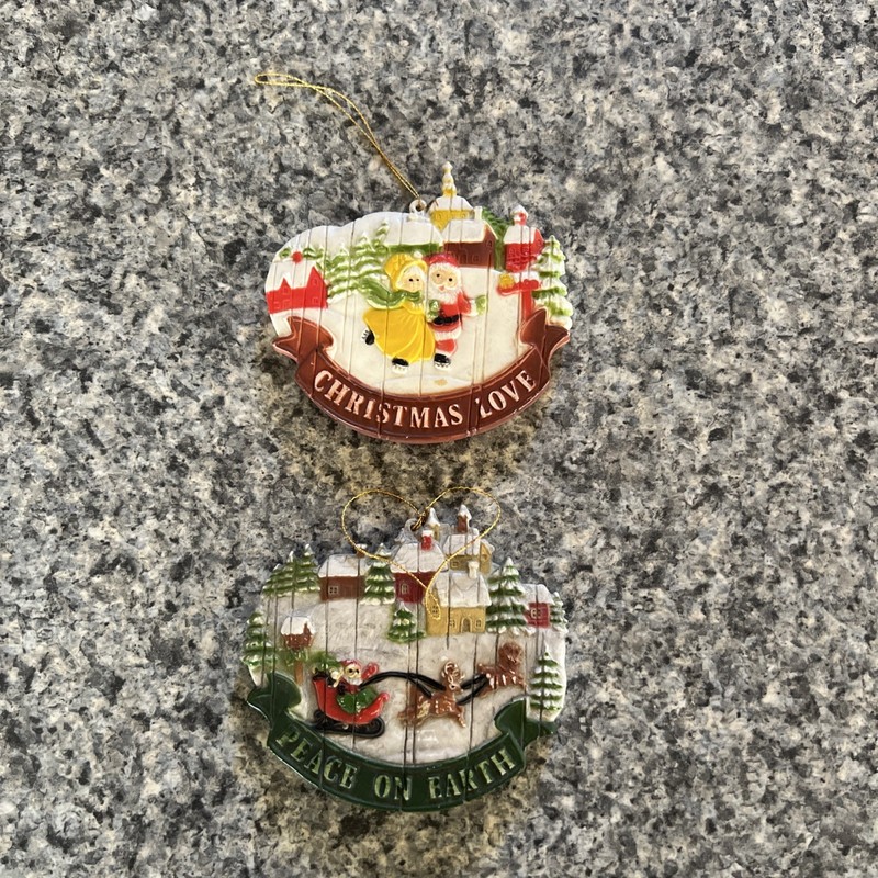 2 Vintage Christmas Ornaments Peace On Earth & Season’s Greetings Hong Kong