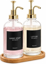 Kitchen Soap Dispenser Set of 2, 16.9 Oz Glass, Gold Stainless Steel Pump