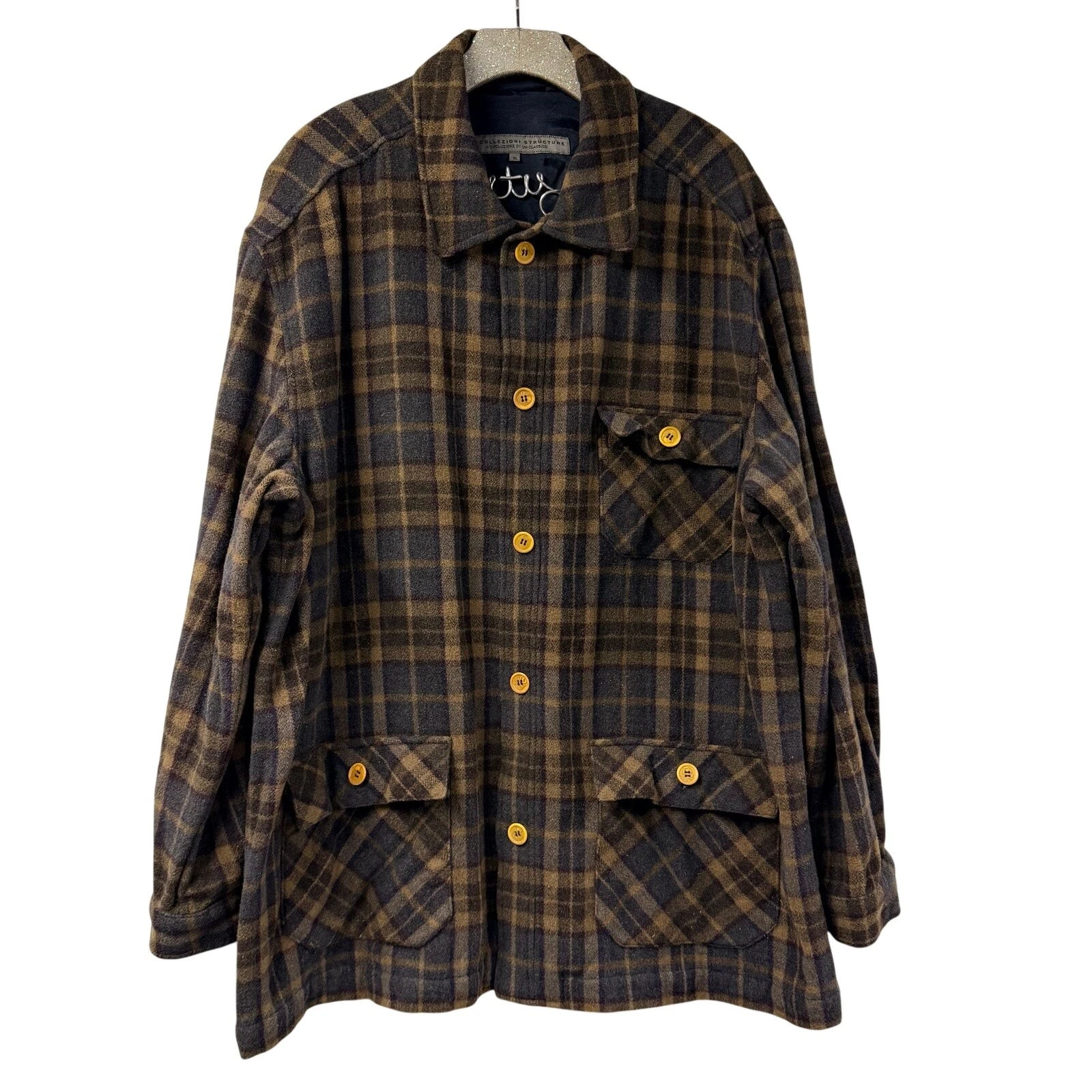Le Collezioni Structure XL Wool Shirt 3 Pocket Plaid Jacket Italian XL Brown - product detail image 1