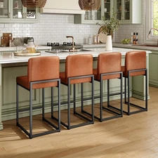 Set of 4 Leather Bar Stools Counter Height Kitchen Stools with Back Support 24"
