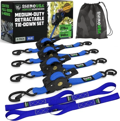 Retractable Ratchet Straps (4-Pack) - 1 Inch x 10 Feet (1,209lb Break Strength)