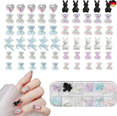 SUXGUMOE Bear Nail Charms, 72 Stück Herz Bär ELK Harz Nagel Schmuck Gummiartig 3D Nagel D