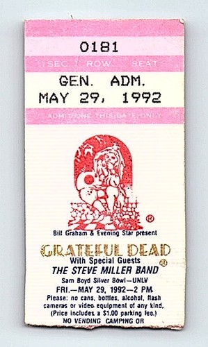 Grateful Dead Mail Ordre Concert Ticket Stub Peut 29 1992 de Las Vegas - Photo 1 sur 7
