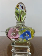 Vintage Signed Joe St. Clair Perfume Bottle Paperweight Colorful Flowers 5.5"