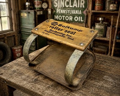 Vtg NAPA Balkamp Roller Seat Wood & Metal Rolling Tool Cart Mechanic Shop