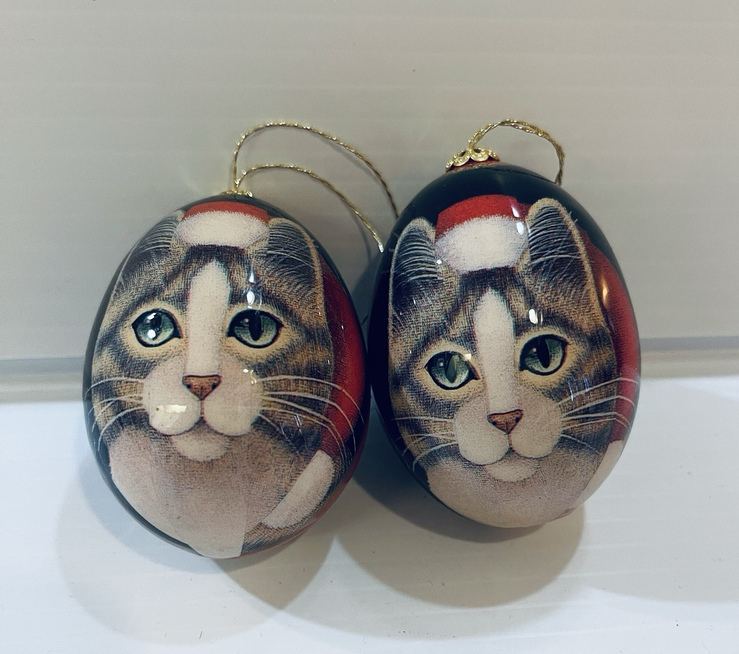Handmade Real Blown Out Egg Ornament Tabby Cat Santa Hat Set 2 Kitty ...