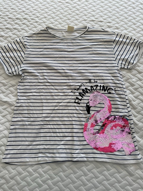 ZARA GIRLS T-SHIRT sz 13/14 WHITE STRIPED TEE PINK GLITTER FLAMINGO