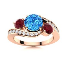Swiss Blue Topaz  Ruby 5MM Round 925 Silver Rose Plated Three Stone Women Ring