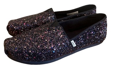 TOMS Classic Slip-On Women 7.5 Alpargata  Black Glitter Casual Glam Dressy 