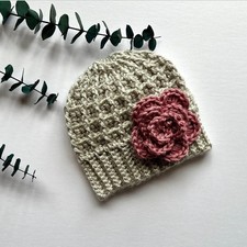 Handmade crochet hat for a baby girl, silver/light gray hat with pink crochet