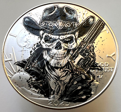 Skull & Six Shooter  American Silver Eagle 1oz .999 Silver Dollar Coin Skeleton