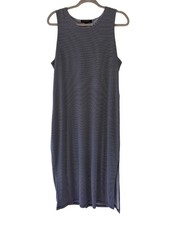 Banana Republic Black Striped Midi Dress Layered Side Slits Stretch Shift