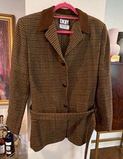 Vintage DKNY Donna Karan New York Houndstooth Wool Blazer Suede Collar Sz 6