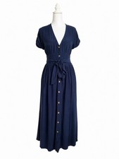 LOFT Womens Navy Button Front Midi Dress With Belt V Neck Size 2