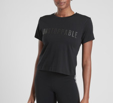 ATHLETA BLACK UNSTOPPABLE GRAPHIC SHORT SLEEVE ORGANIC DAILY CROP TEE TOP Sz M