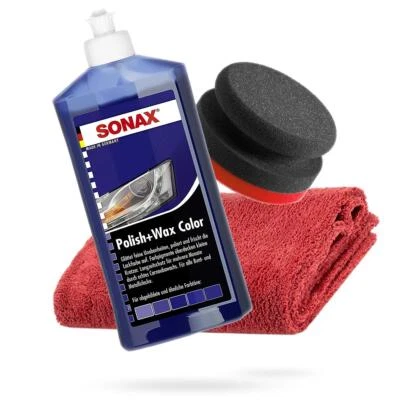 DETAILMATE Juego de pulido para coche SONAX Polish + Wax Color azul 500 ml + esponja pulidora manual + microfibra