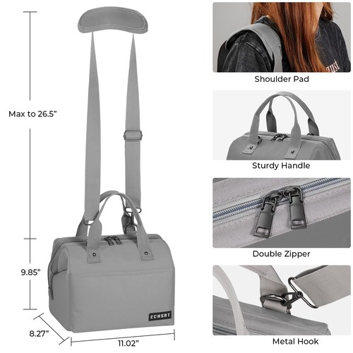 Gray Insulated Lunch Bag 10L Reusable Wide Open Tote with Shoulder Strap - Picture 5 of 6