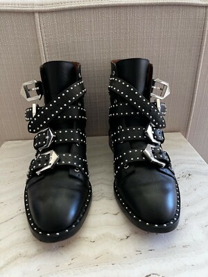 GIVENCHY Women's Black Elegant Studded Leather Ankle Moto Boots